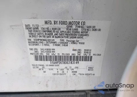 2013 Ford Taurus Sho из США, поврежденный, VIN 1FAHP2KT8DG183149